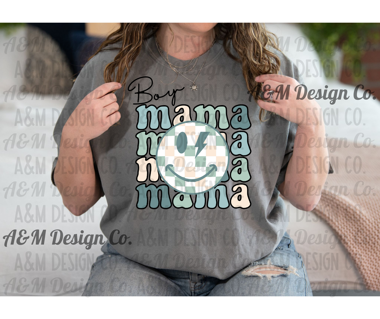 Boy Mama Checkered Smiley Stacked-Neutral