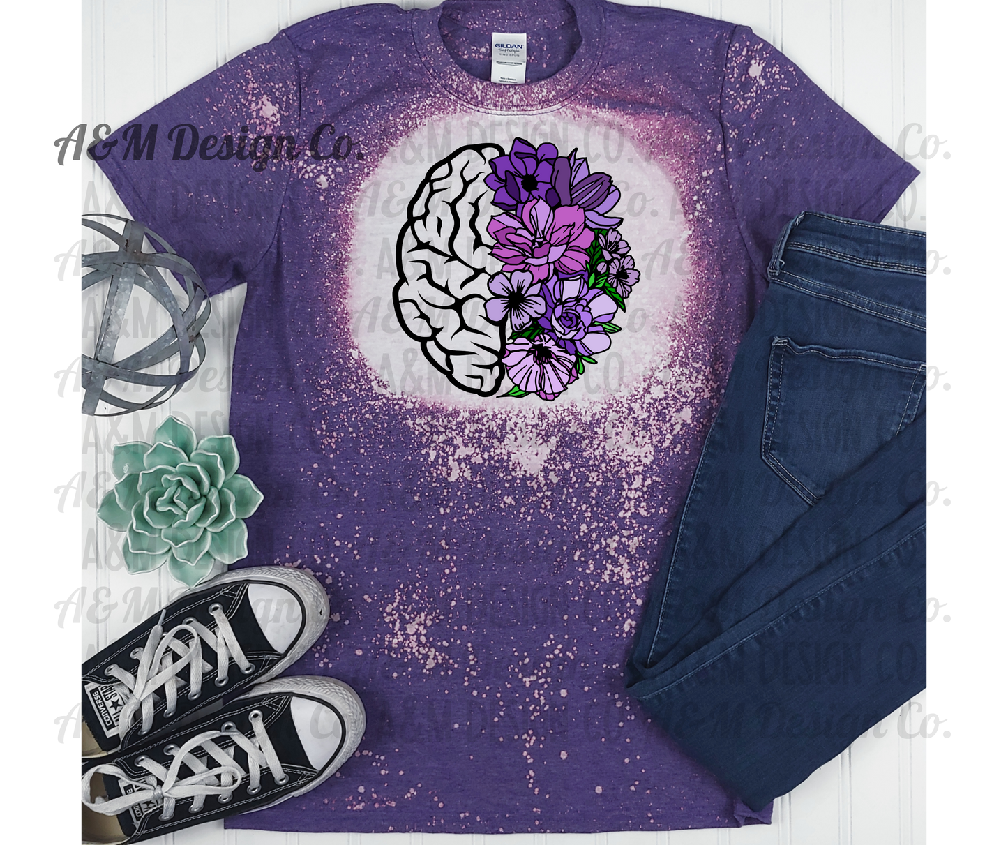 Purple Floral Brain Bleached Tee